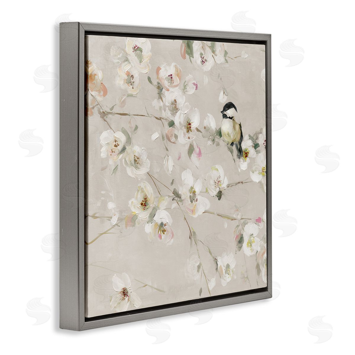 Sally Swatland Beige Bird & Flowers Gray Floater Frame Canvas Artside_