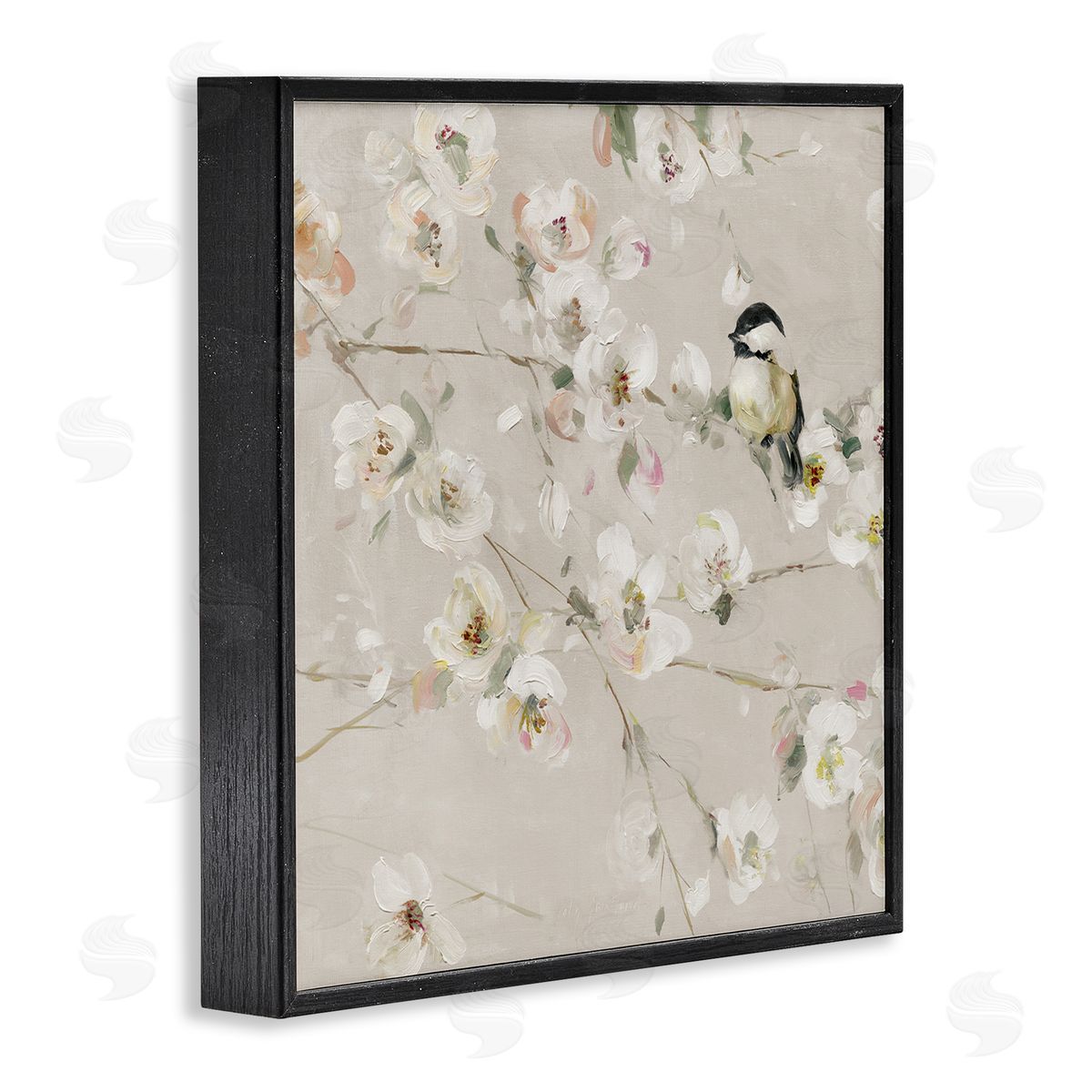 Sally Swatland Beige Bird & Flowers Black Framed Giclee Wall Artside_