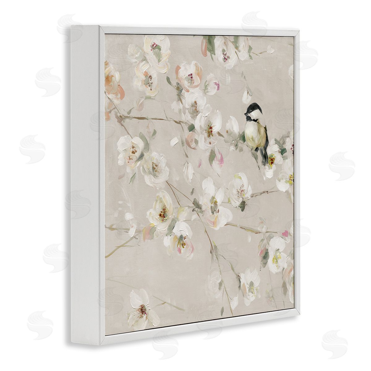 Sally Swatland Beige Bird & Flowers White Framed Giclee Wall Artside_