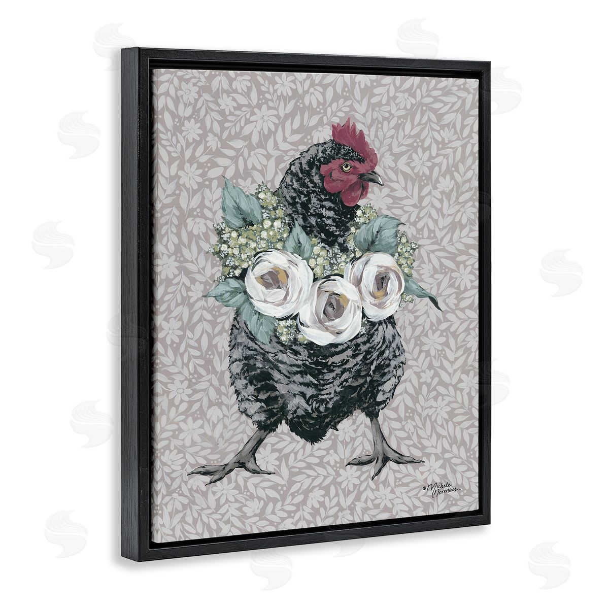 Michele Norman Floral Patterned Hen Black Floater Frame Canvas Artside_