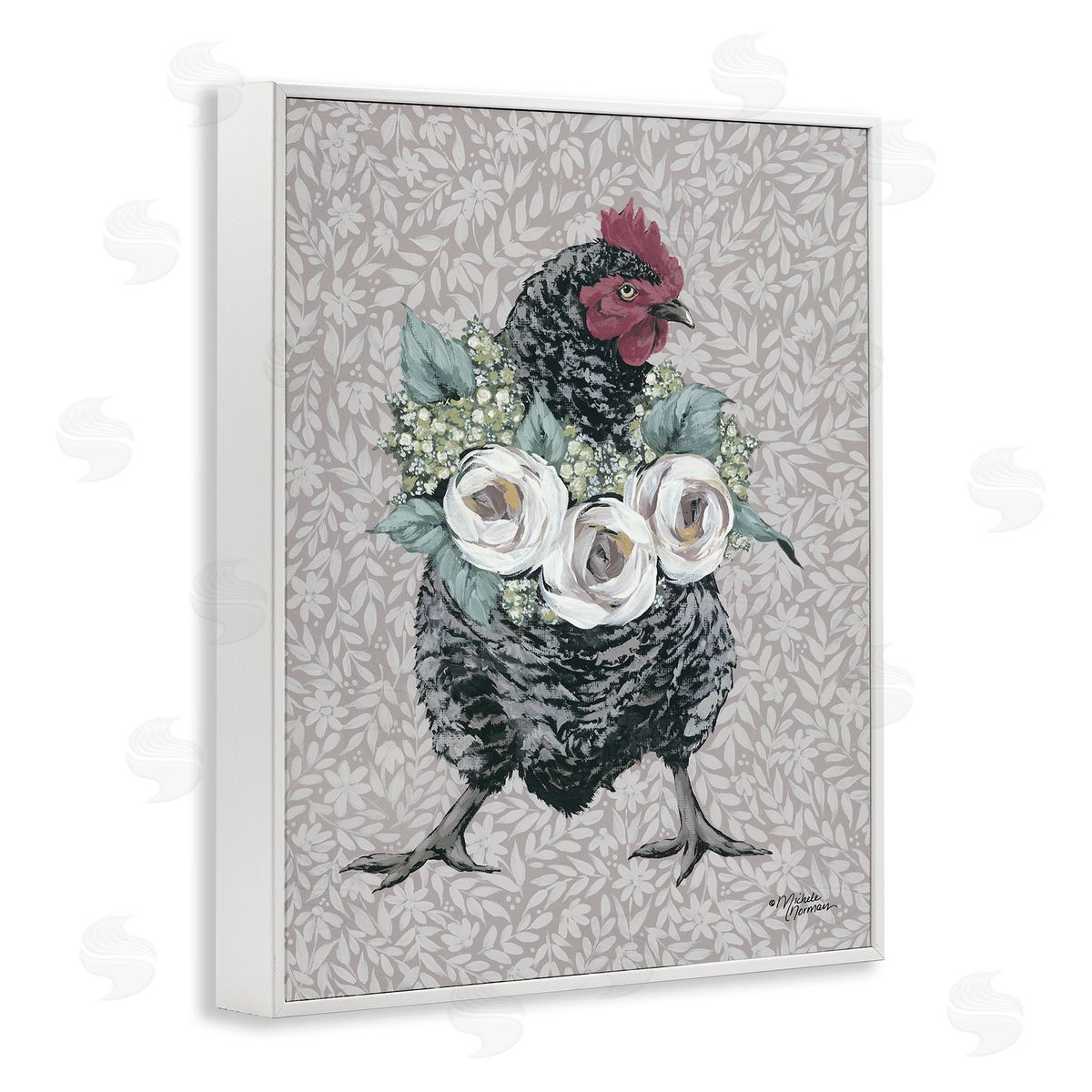 Michele Norman Floral Patterned Hen White Framed Giclee Wall Artside_