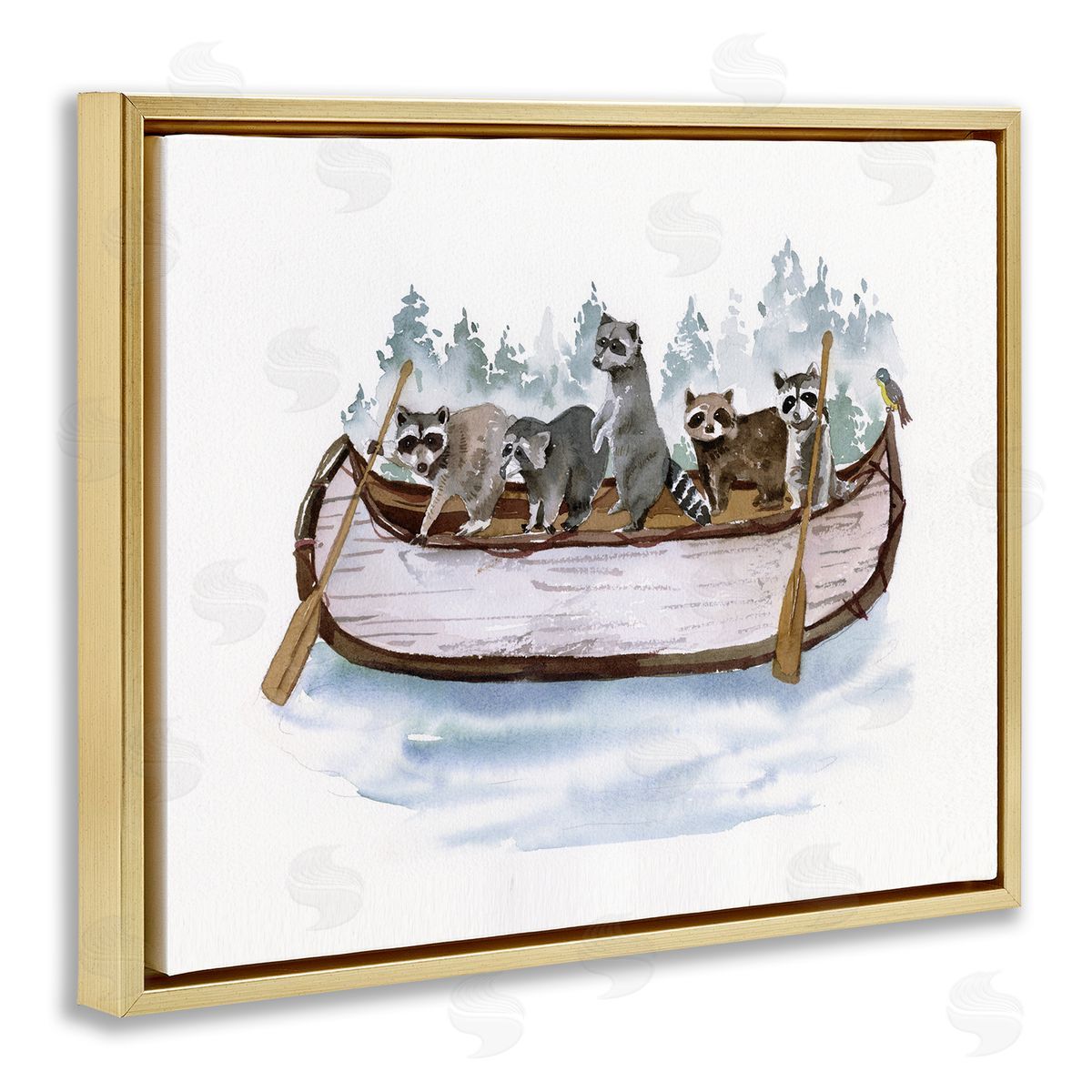 Masey St. Studios Raccoons on Rowboat Gold Floater Frame Canvas Artside_