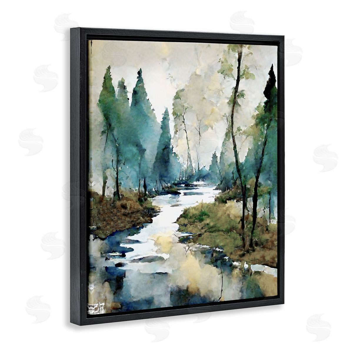 Watercolor Creek Landscape Black Floating Frame Canvas Wall Art, Home Decor by Ray Powers