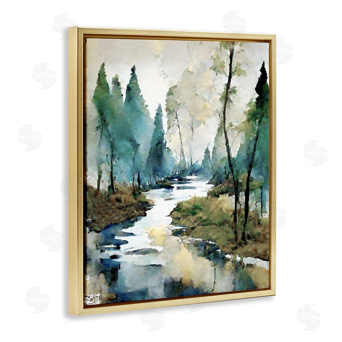 Watercolor Creek Landscape Gold Floating Frame Canvas Wall Art, Home Decor by Ray Powers