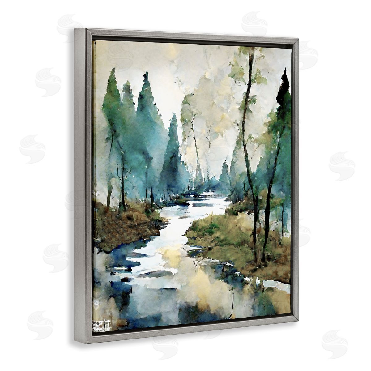 Watercolor Creek Landscape Grey Floating Frame Canvas Wall Art, Home Decor by Ray Powers
