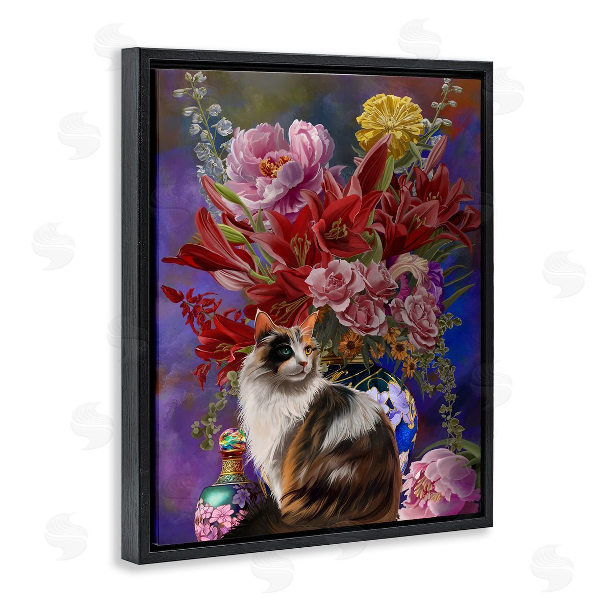 Nene Thomas Cat & Flower Chinoiserie Black Floater Frame Canvas Artside_
