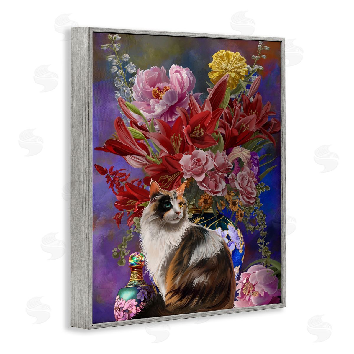 Nene Thomas Cat & Flower Chinoiserie Gray Framed Giclee Wall Artside_
