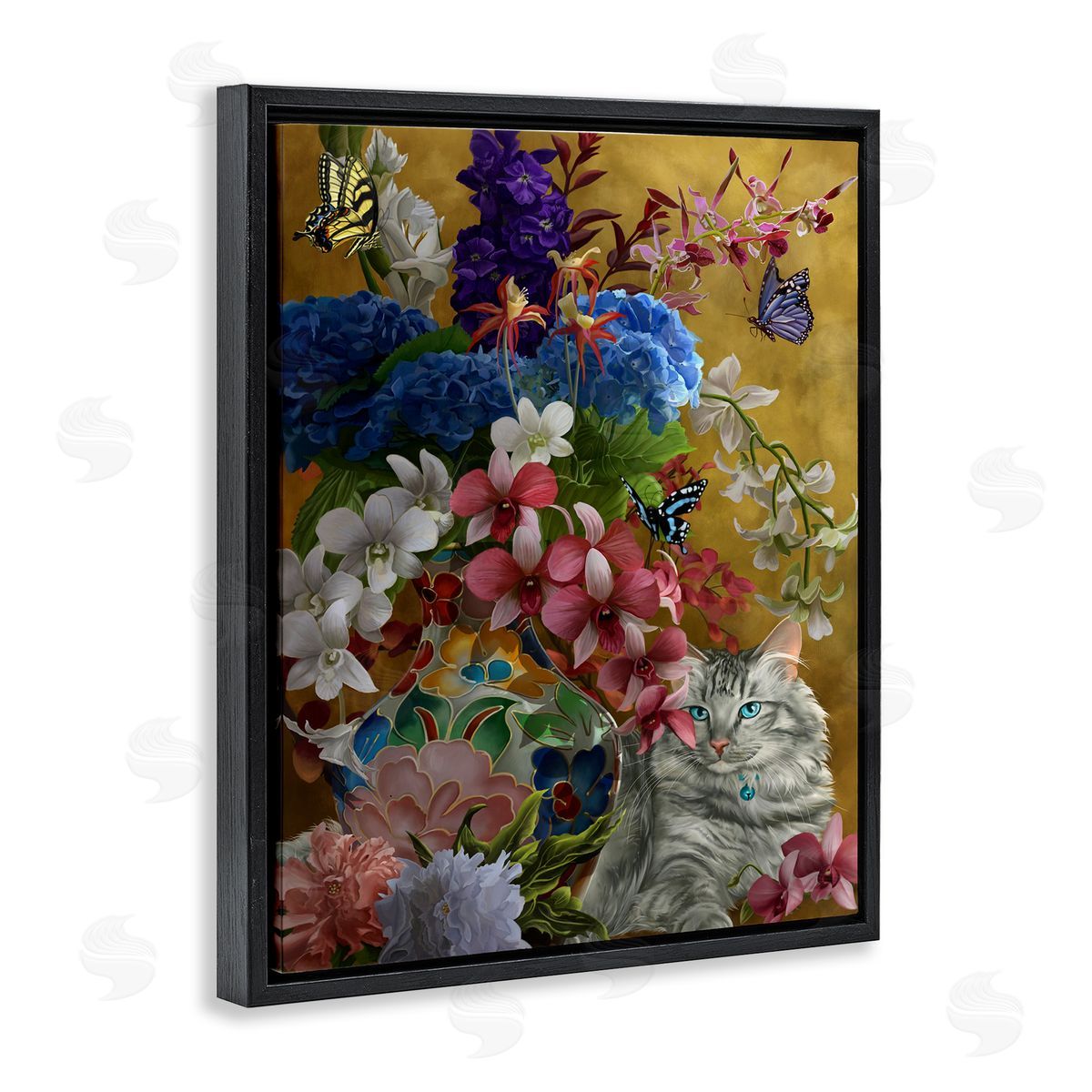Nene Thomas Gilded Cat & Flowers Black Floater Frame Canvas Artside_