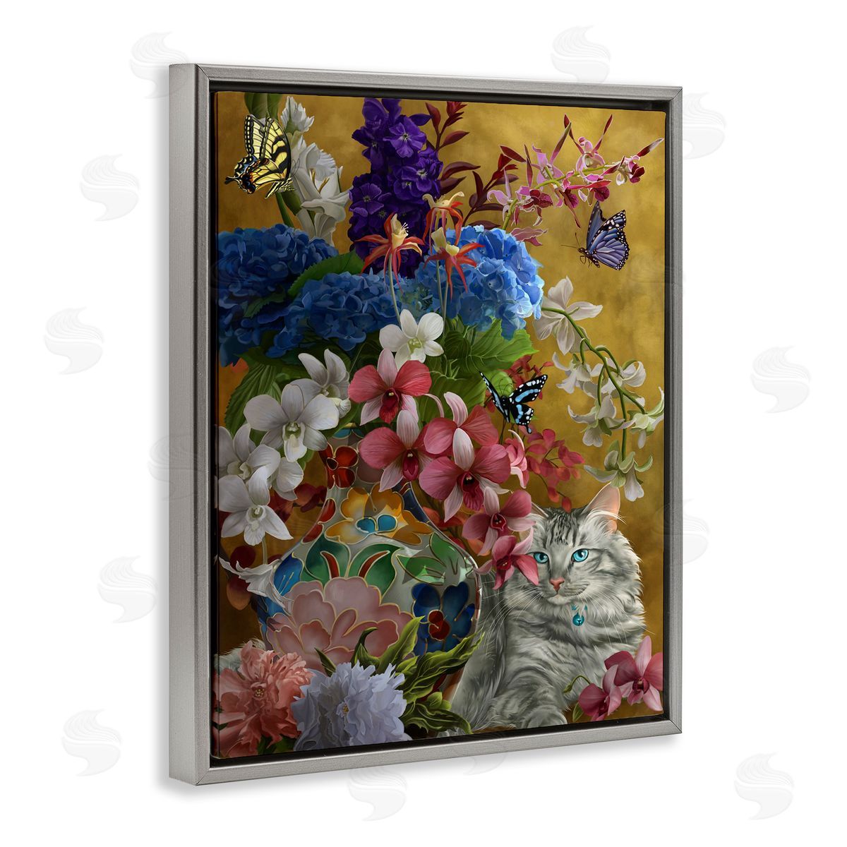 Nene Thomas Gilded Cat & Flowers Gray Floater Frame Canvas Artside_