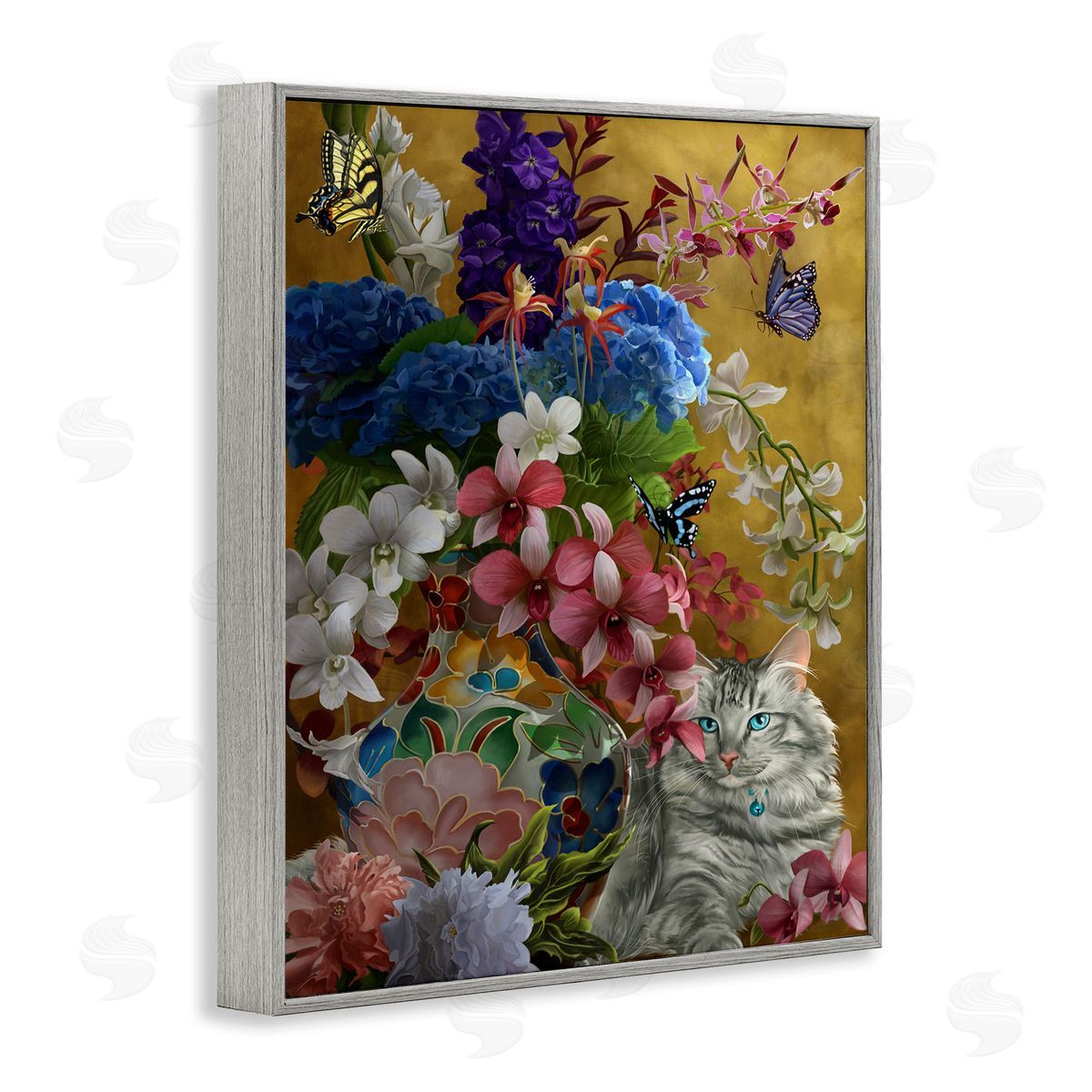 Nene Thomas Gilded Cat & Flowers Gray Framed Giclee Wall Artside_