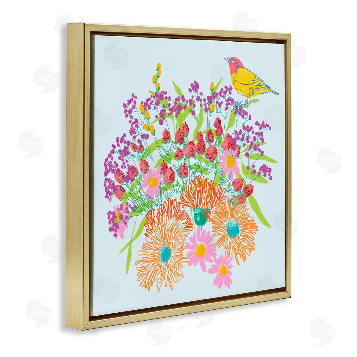 Pragya Kothari Summer Bird & Florals Gold Floater Frame Canvas Artside_