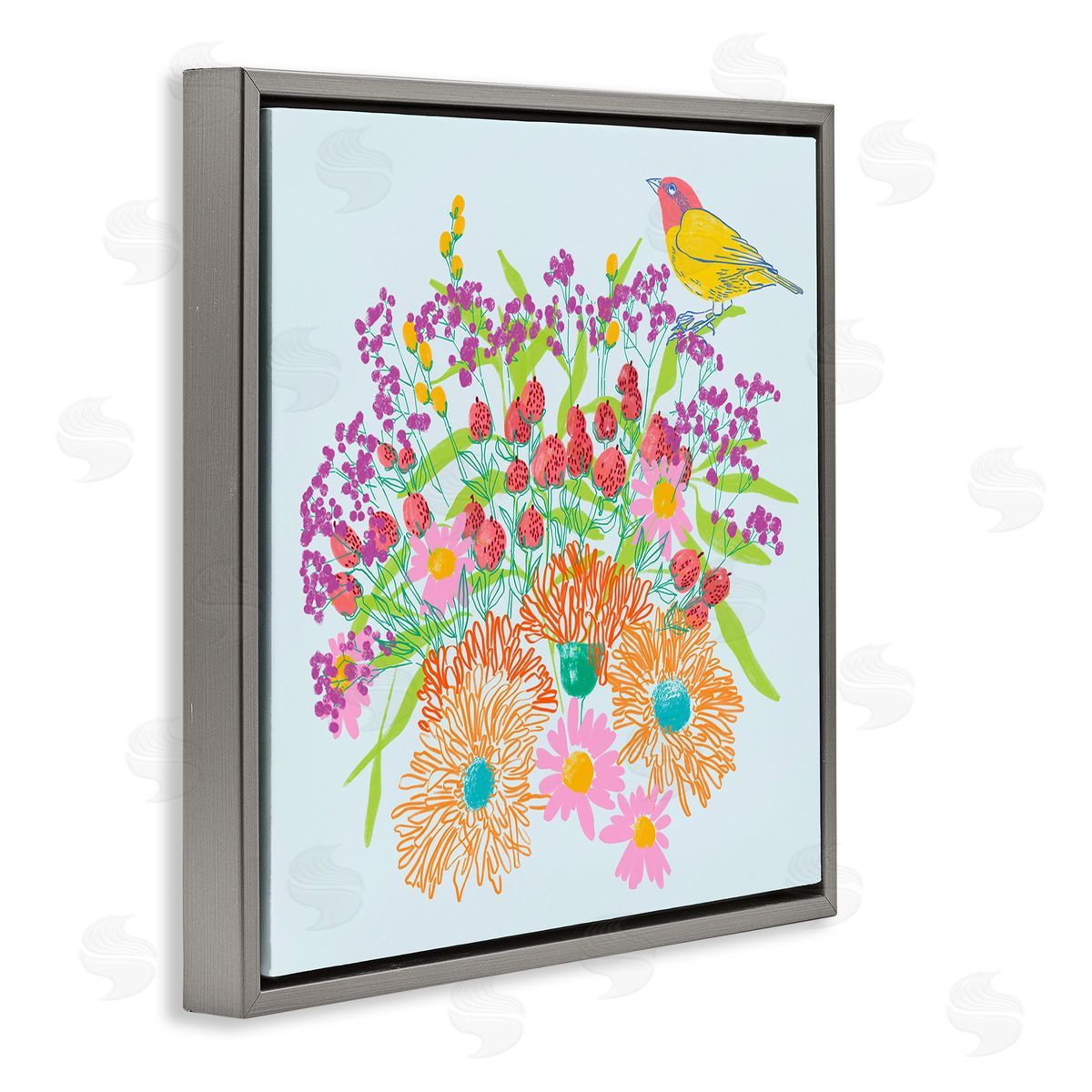 Pragya Kothari Summer Bird & Florals Gray Floater Frame Canvas Artside_