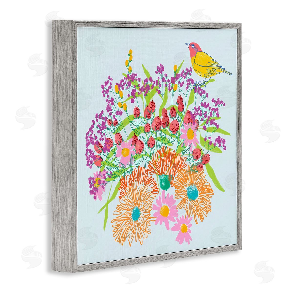 Pragya Kothari Summer Bird & Florals Gray Framed Giclee Wall Artside_