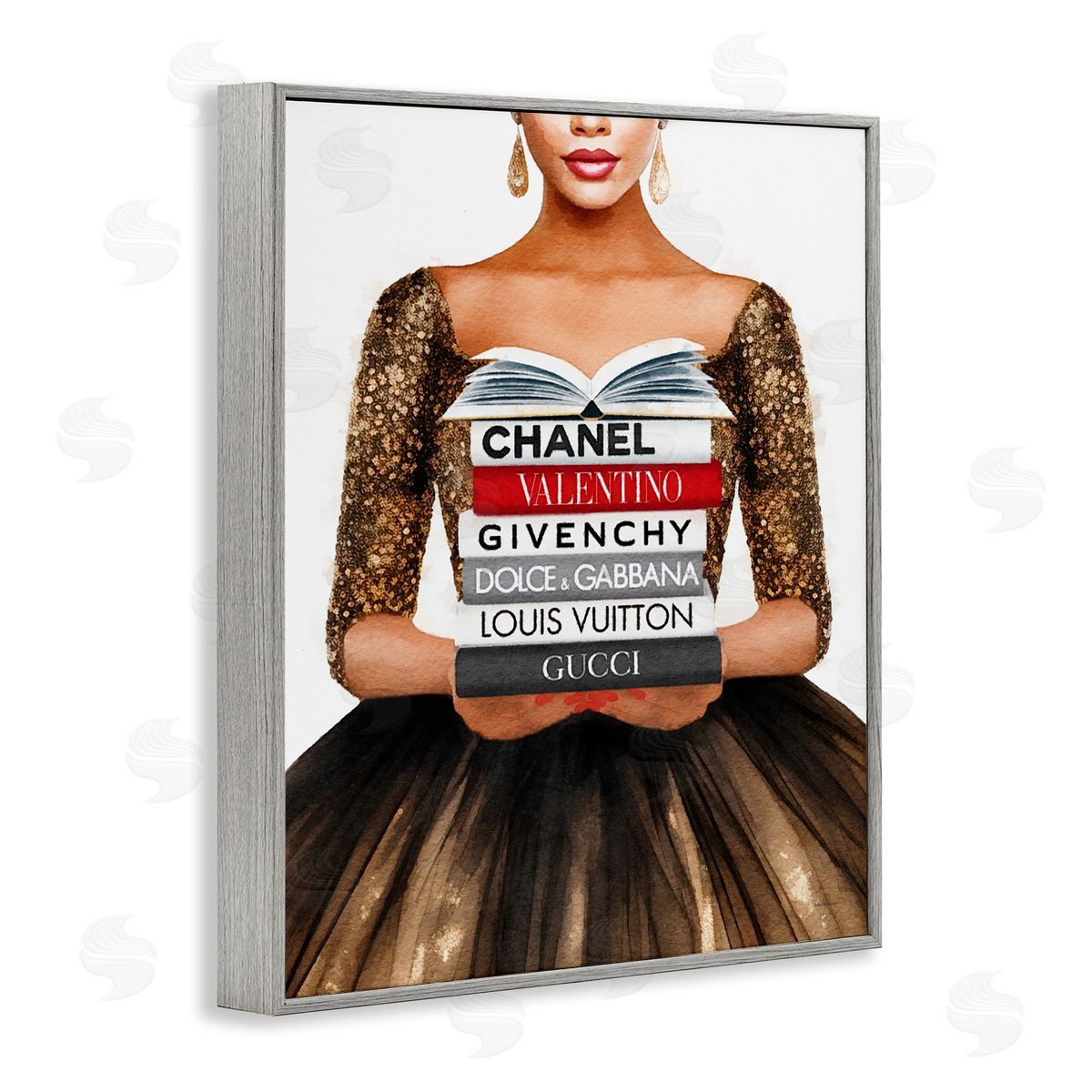 Amanda Greenwood Glam Girl & Bookstack Gray Framed Giclee Wall Artside_