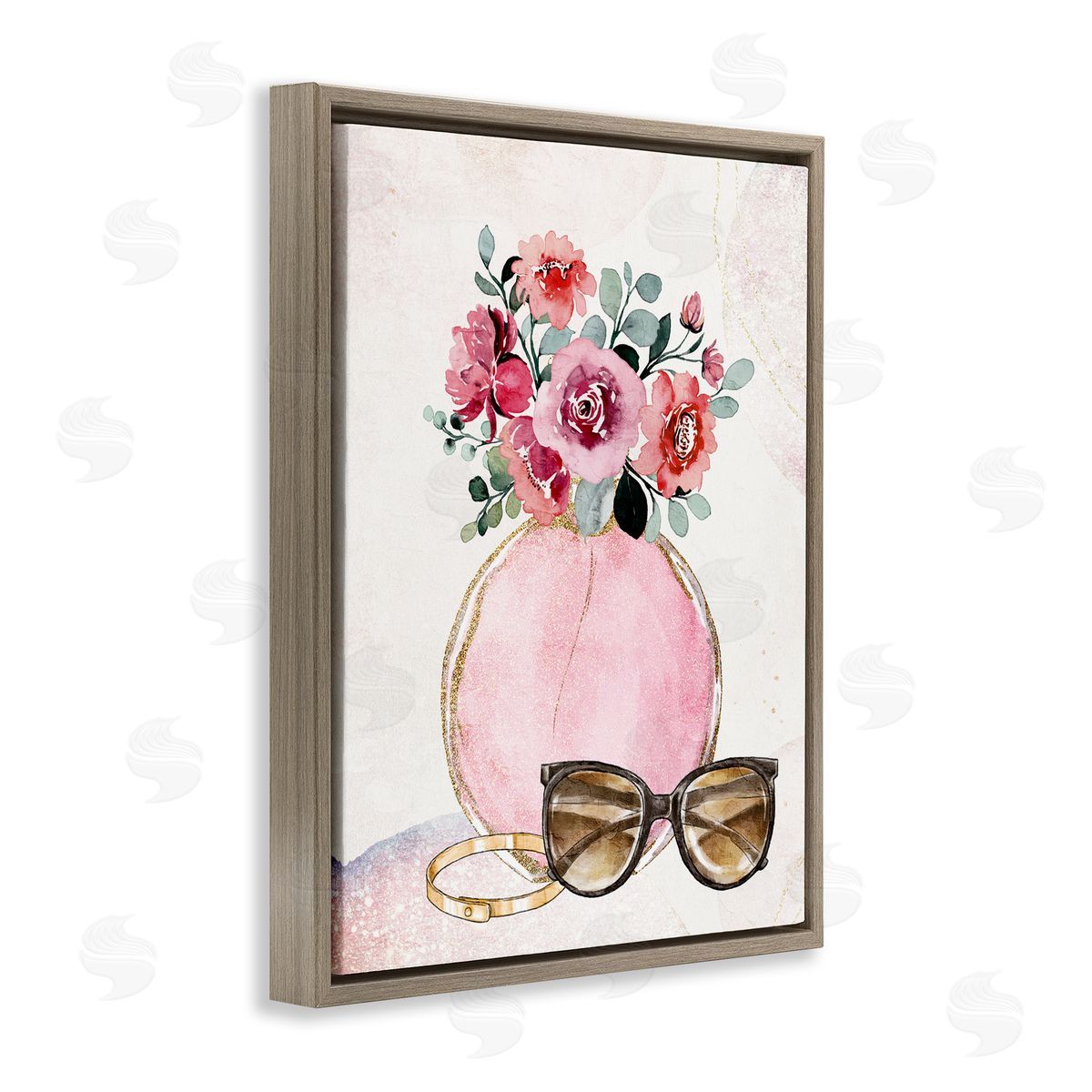 Kim Allen Pink Bouquet & Sunglasses Brown Floater Frame Canvas Artside_
