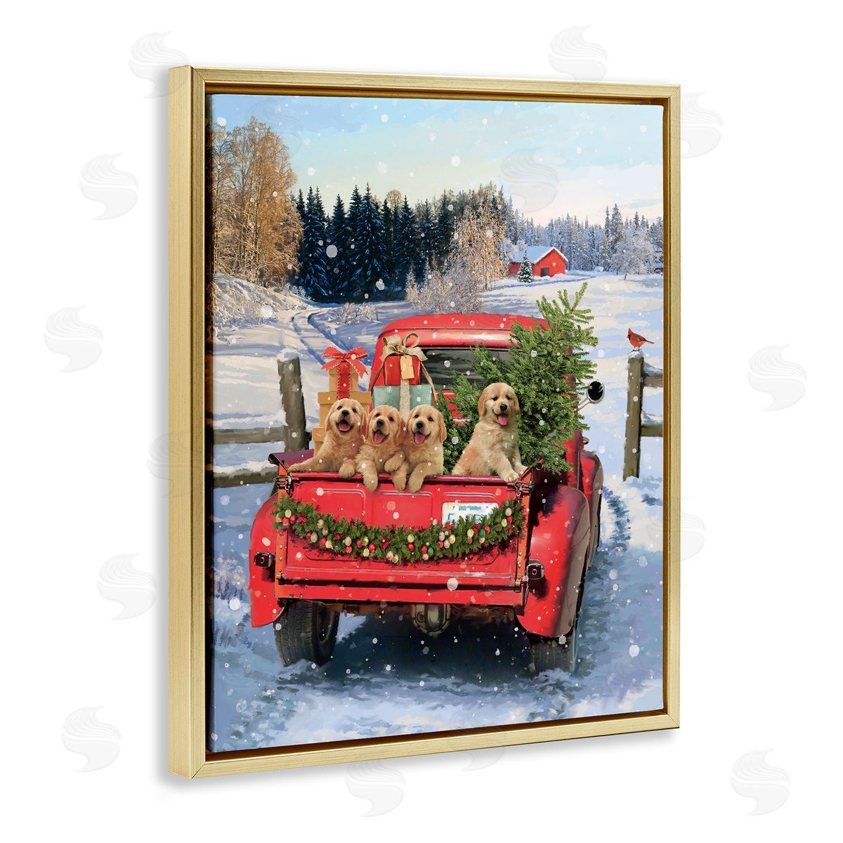 Jason Kirk Puppies in Holiday Truck Gold Floater Frame Canvas Artside_