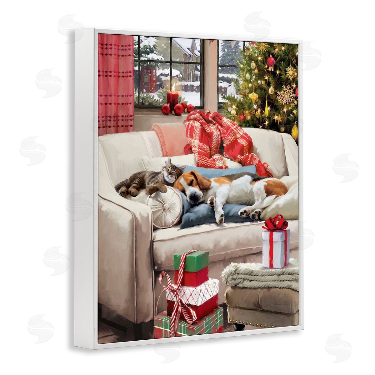 Jason Kirk Pets on Holiday Couch White Framed Giclee Wall Artside_