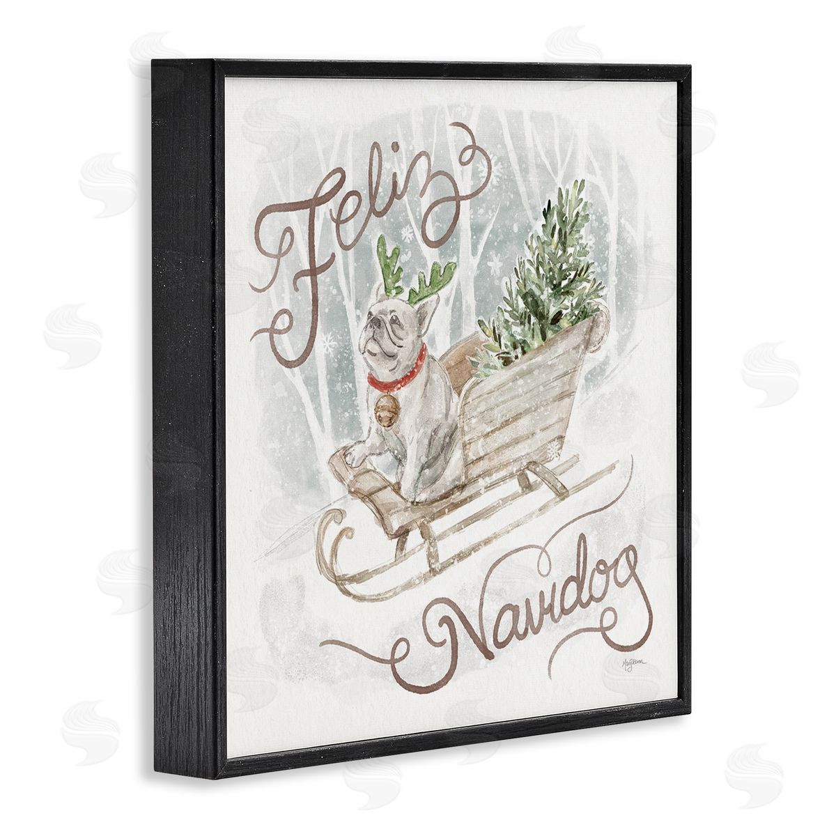 Mary Urban Feliz Navidog Bulldog Black Framed Giclee Wall Artside_