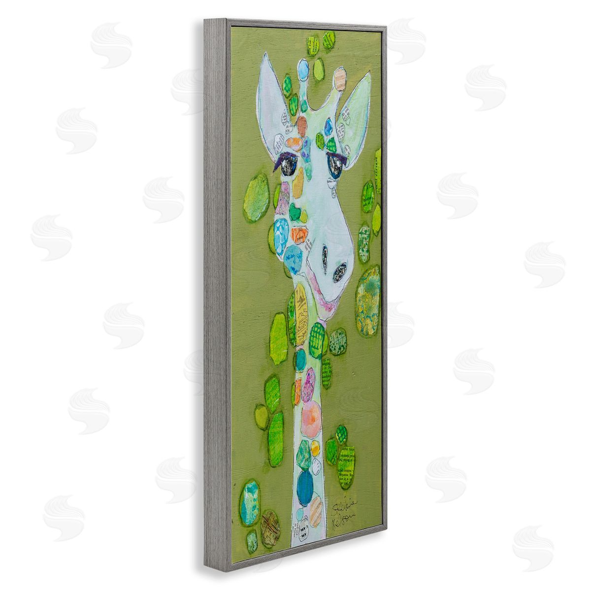 Elizabeth St. Hilaire Green Giraffe Collage Gray Framed Giclee Wall Artside_