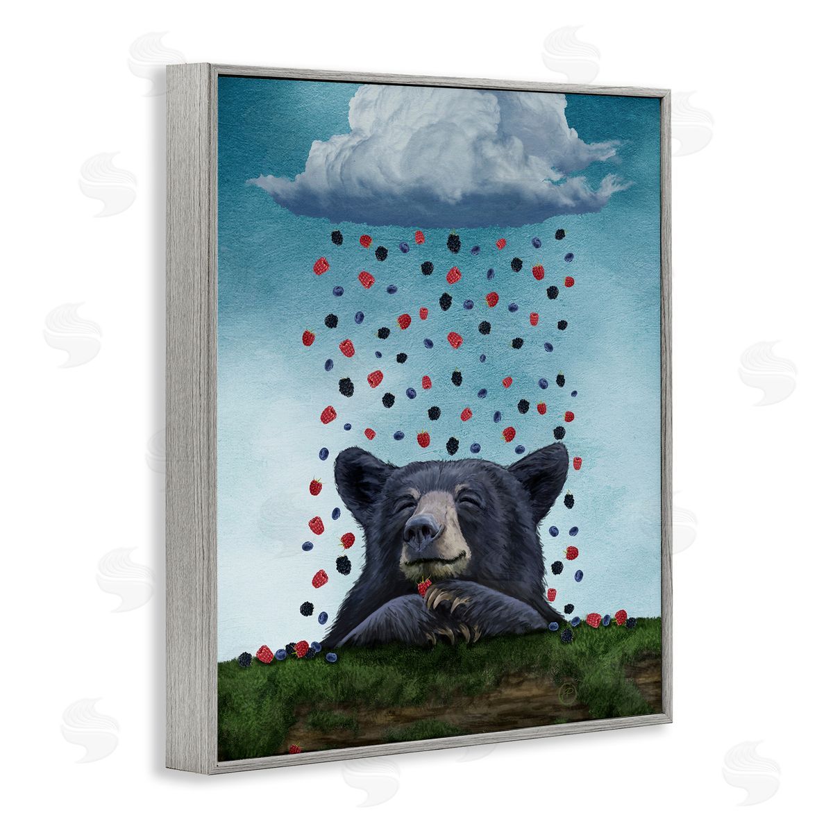 Paula Belle Flores Bear with Berry Cloud Gray Framed Giclee Wall Artside_