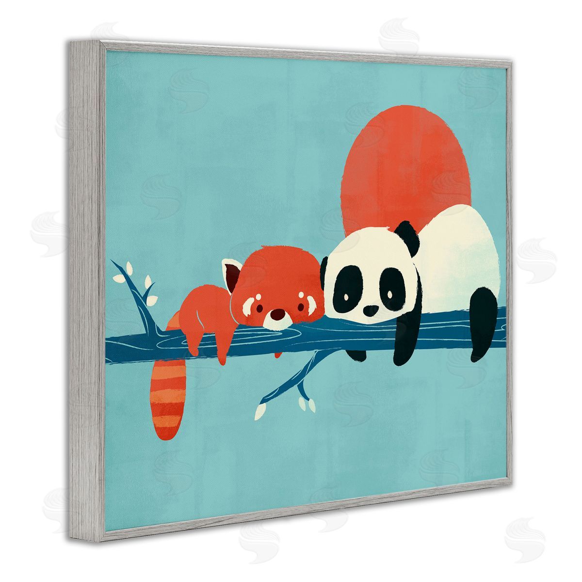 Jay Fleck Pandas on Branch Gray Framed Giclee Wall Artside_