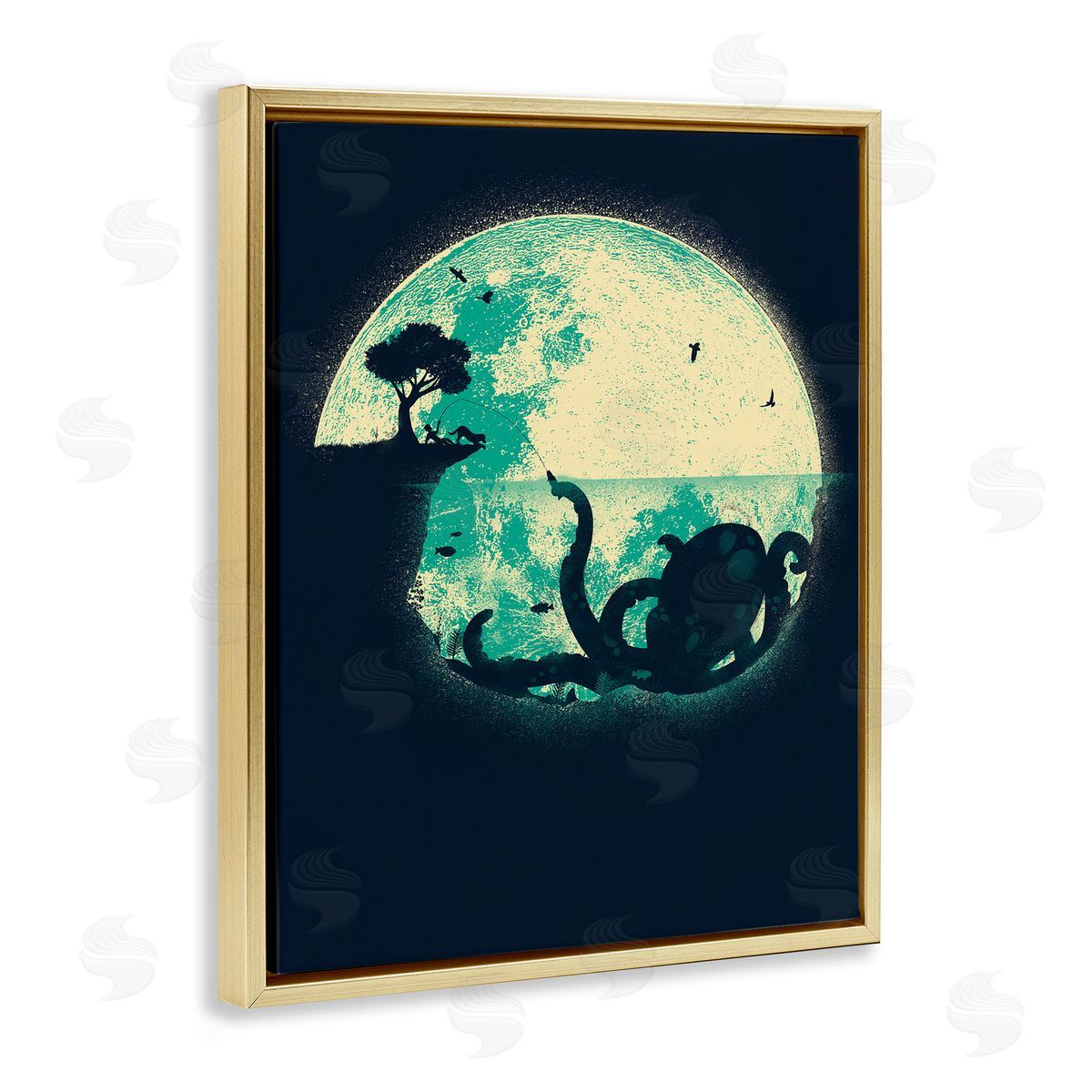 Jay Fleck Fishing Giant Octopus Gold Floater Frame Canvas Artside_