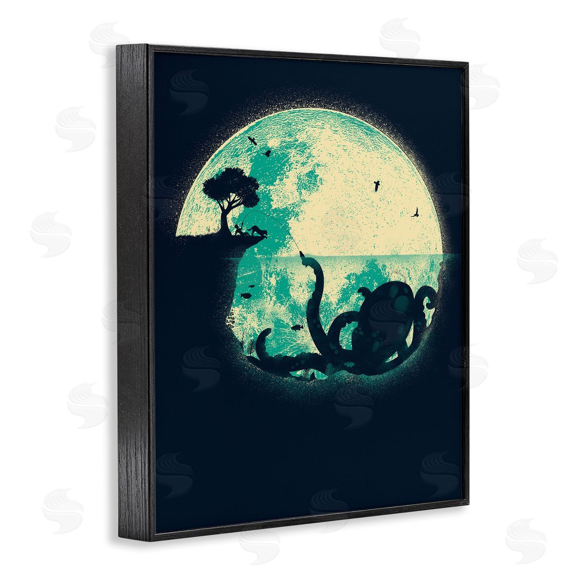 Jay Fleck Fishing Giant Octopus Black Framed Giclee Wall Artside_