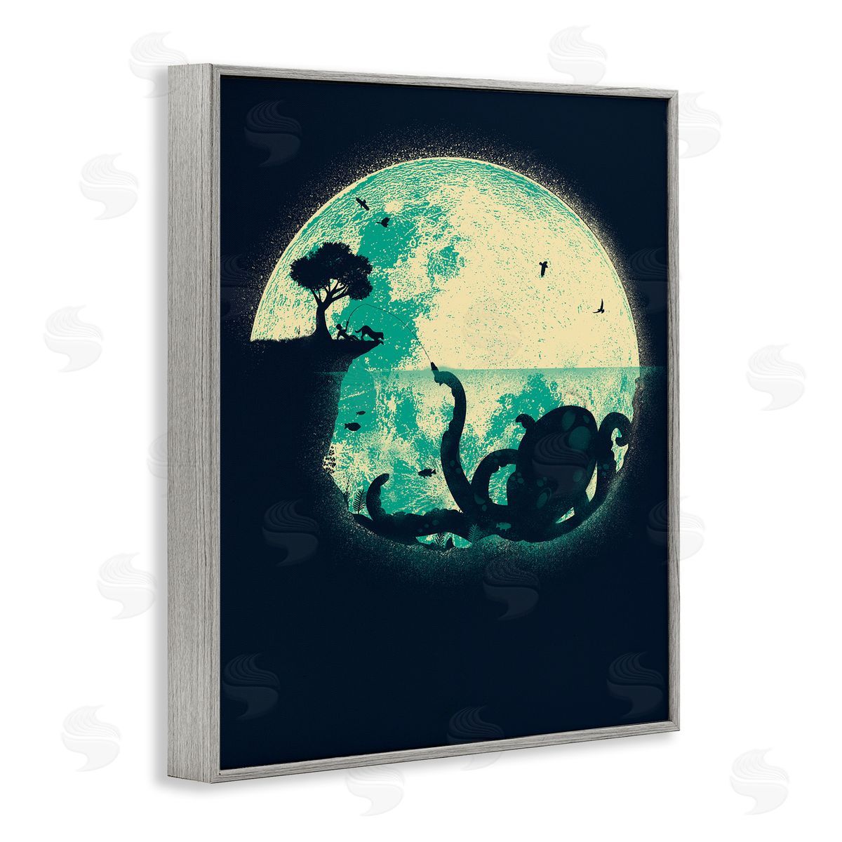 Jay Fleck Fishing Giant Octopus Gray Framed Giclee Wall Artside_