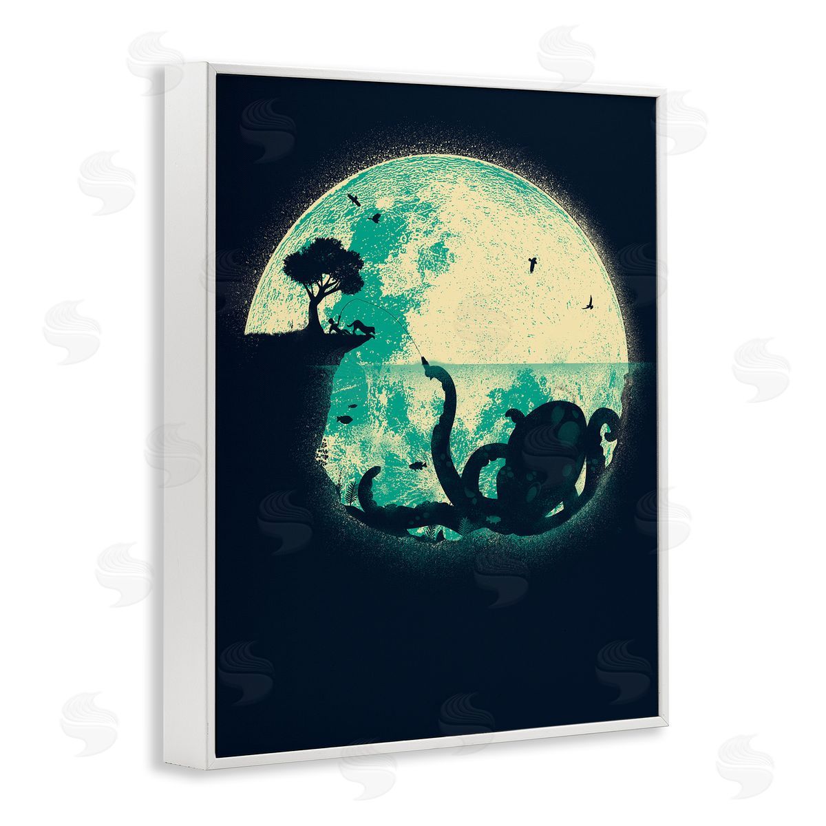 Jay Fleck Fishing Giant Octopus White Framed Giclee Wall Artside_