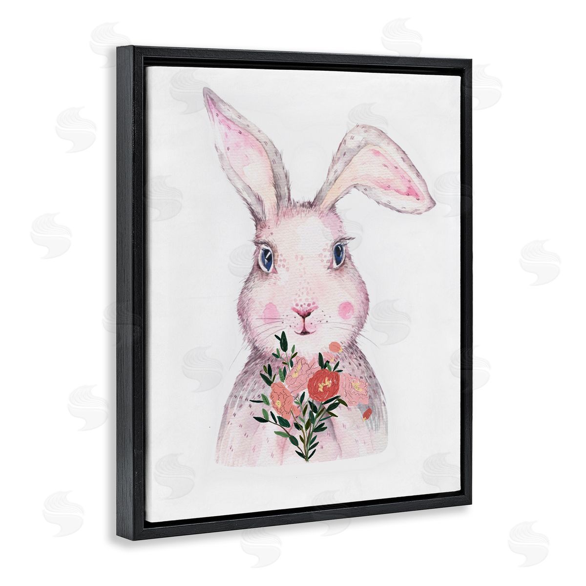 Karen Smith Pink Bunny & Flowers Black Floater Frame Canvas Artside_