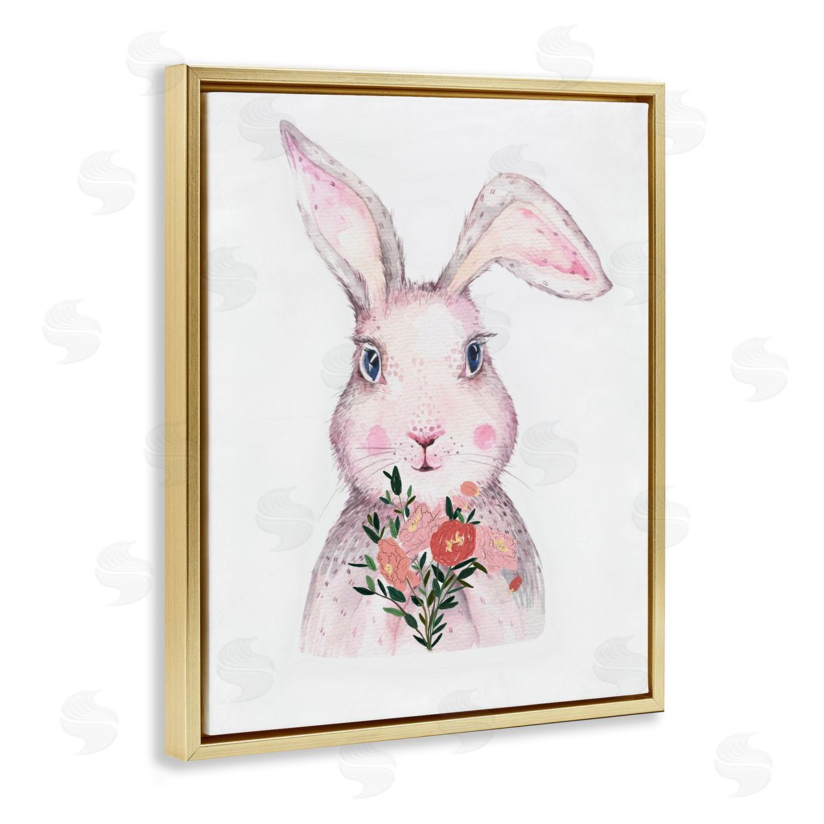 Karen Smith Pink Bunny & Flowers Gold Floater Frame Canvas Artside_