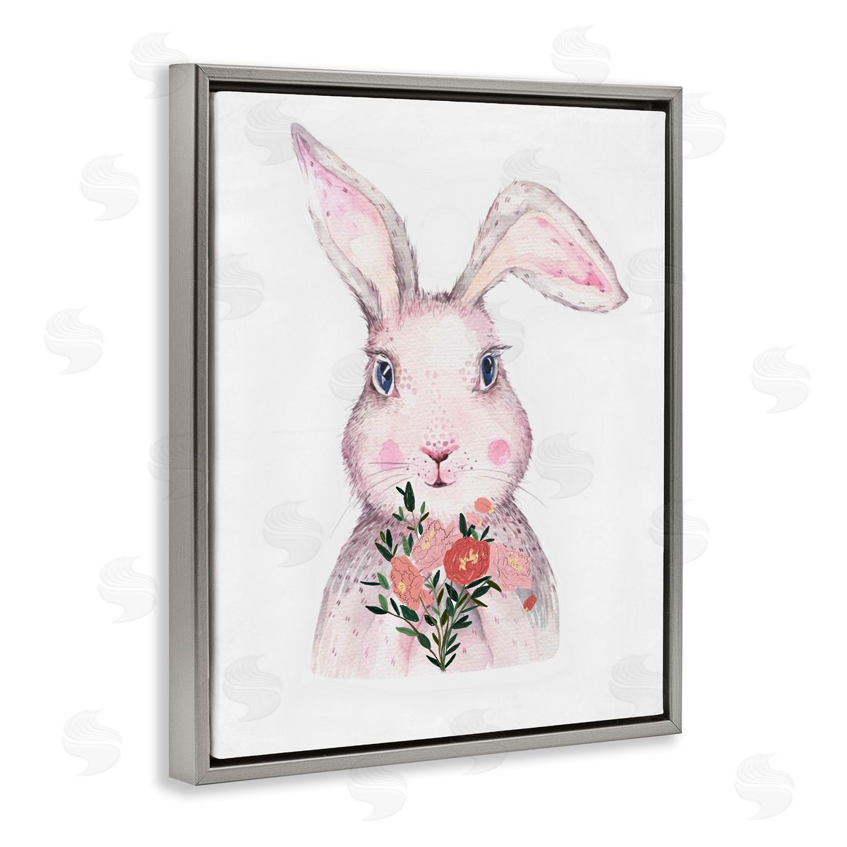 Karen Smith Pink Bunny & Flowers Gray Floater Frame Canvas Artside_