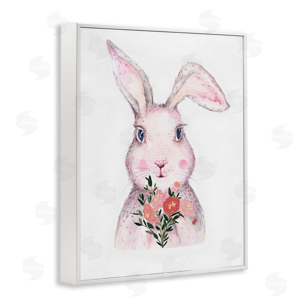 Karen Smith Pink Bunny & Flowers White Framed Giclee Wall Artside_
