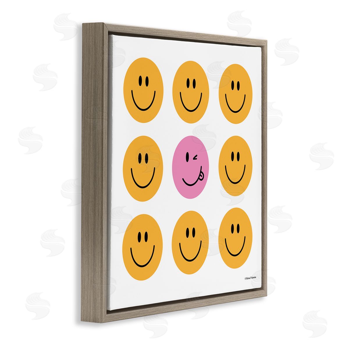 Rachel Nieman Pink & Yellow Smiley Faces Brown Floater Frame Canvas Artside_