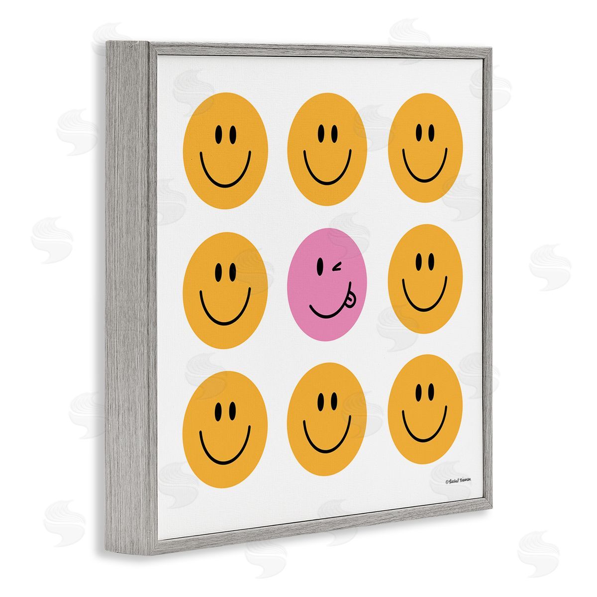 Rachel Nieman Pink & Yellow Smiley Faces Gray Framed Giclee Wall Artside_