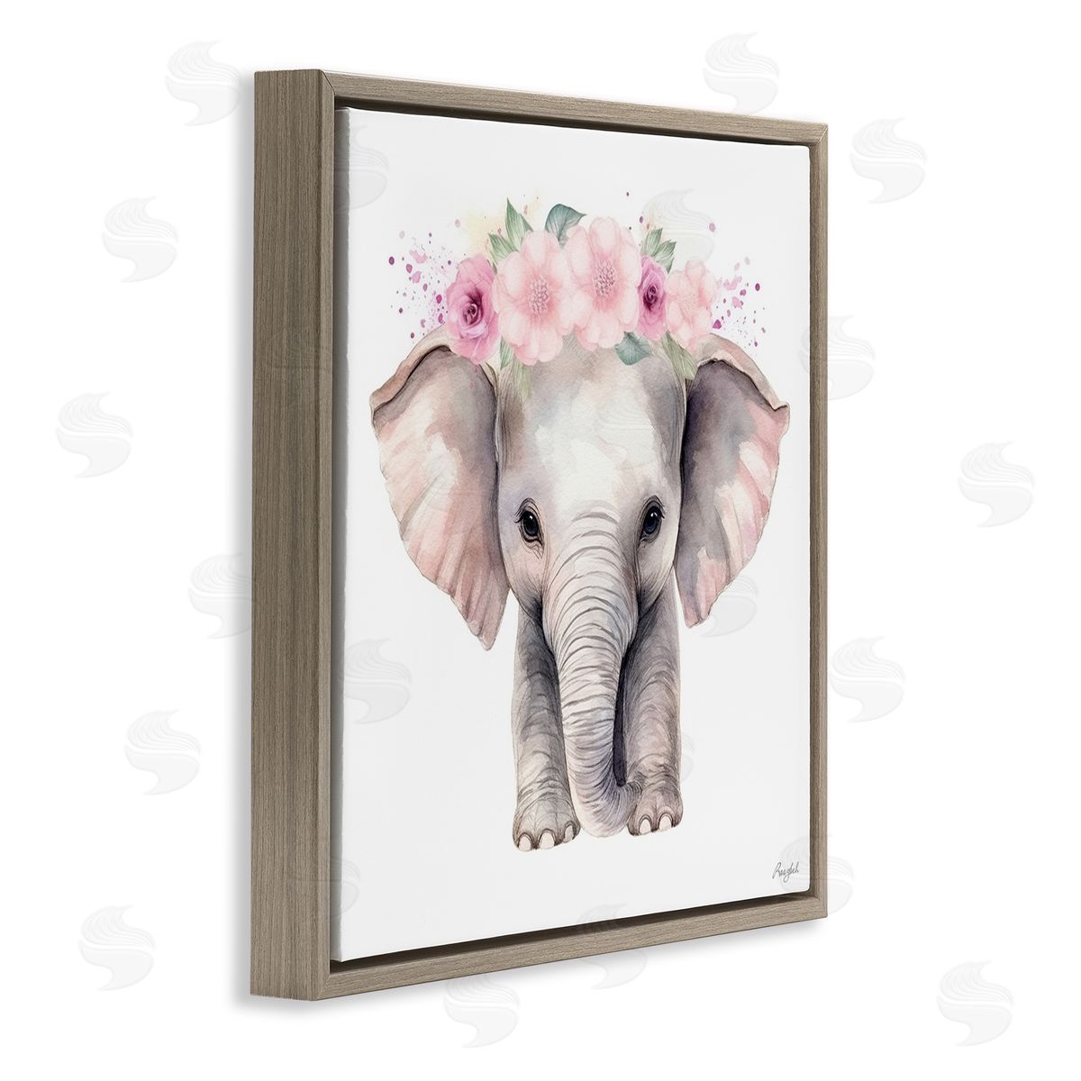 Roozbeh Pink Floral Elephant Brown Floater Frame Canvas Artside_
