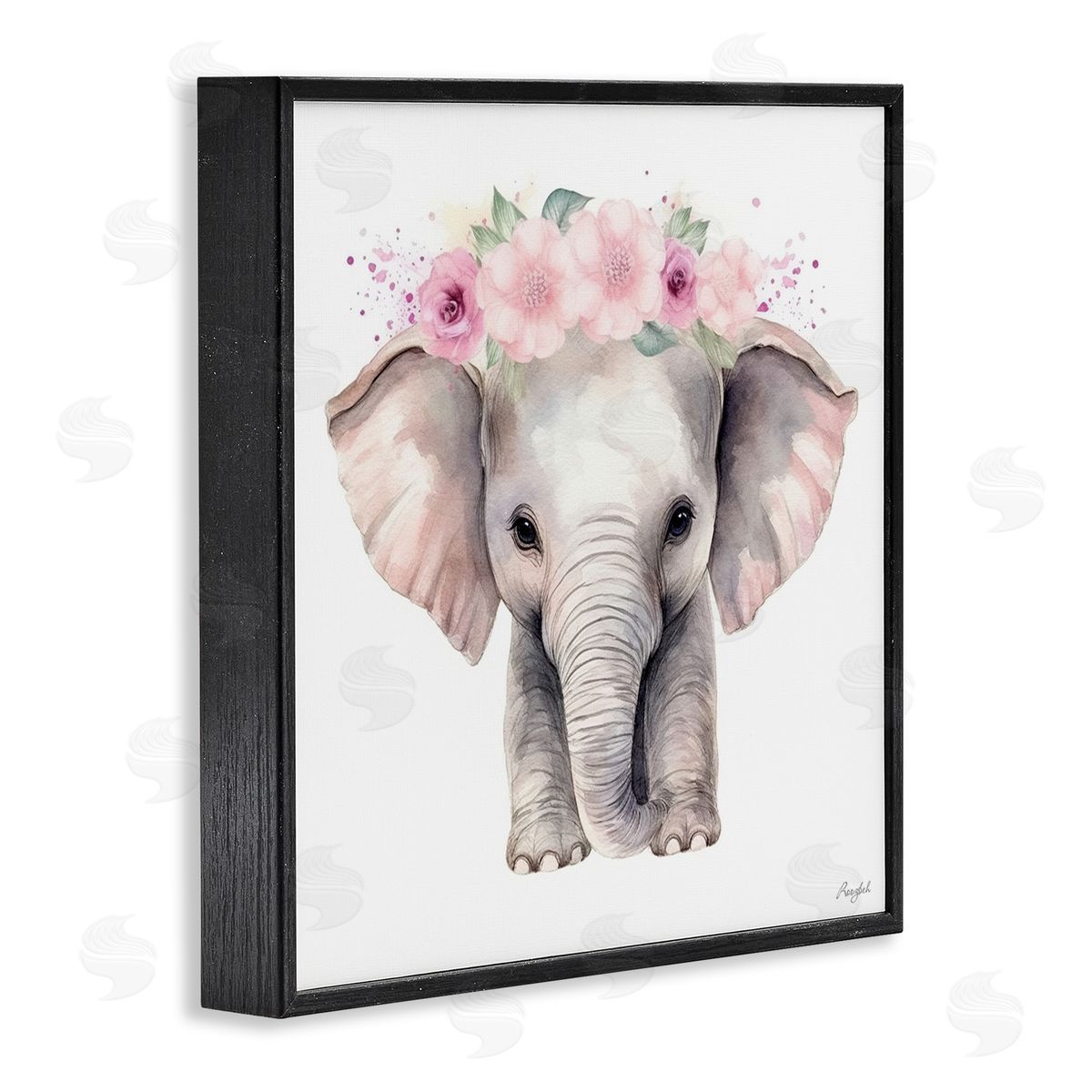 Roozbeh Pink Floral Elephant Black Framed Giclee Wall Artside_