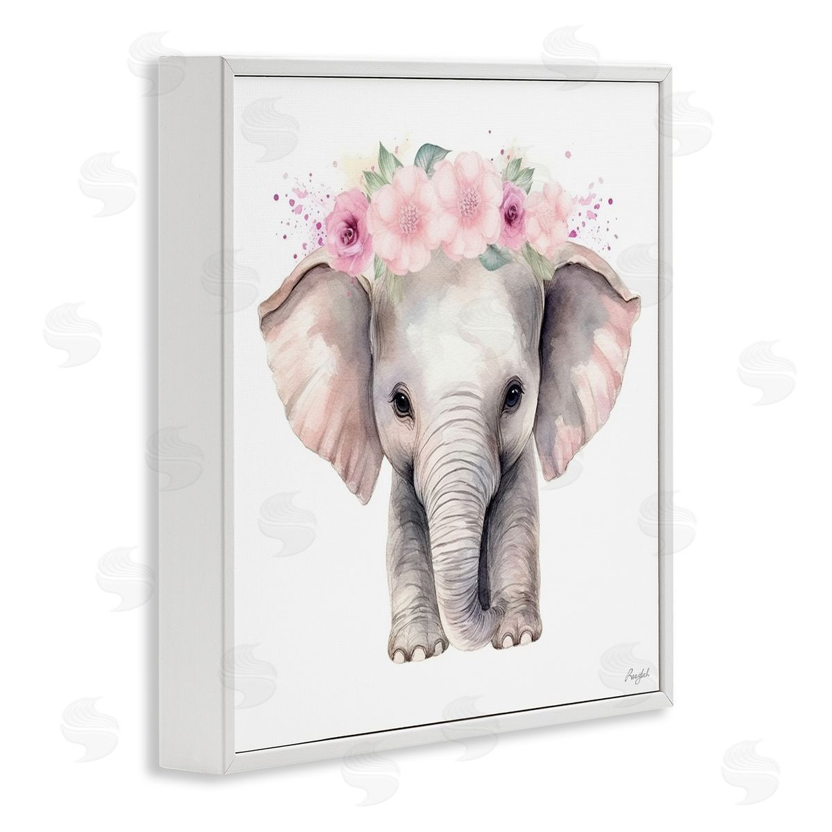 Roozbeh Pink Floral Elephant White Framed Giclee Wall Artside_
