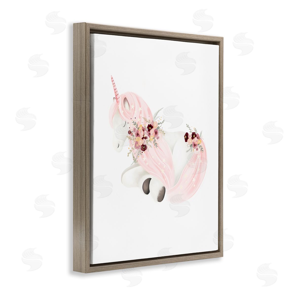 Studio Q Unicorn with Pink Flowers Brown Floater Frame Canvas Artside_
