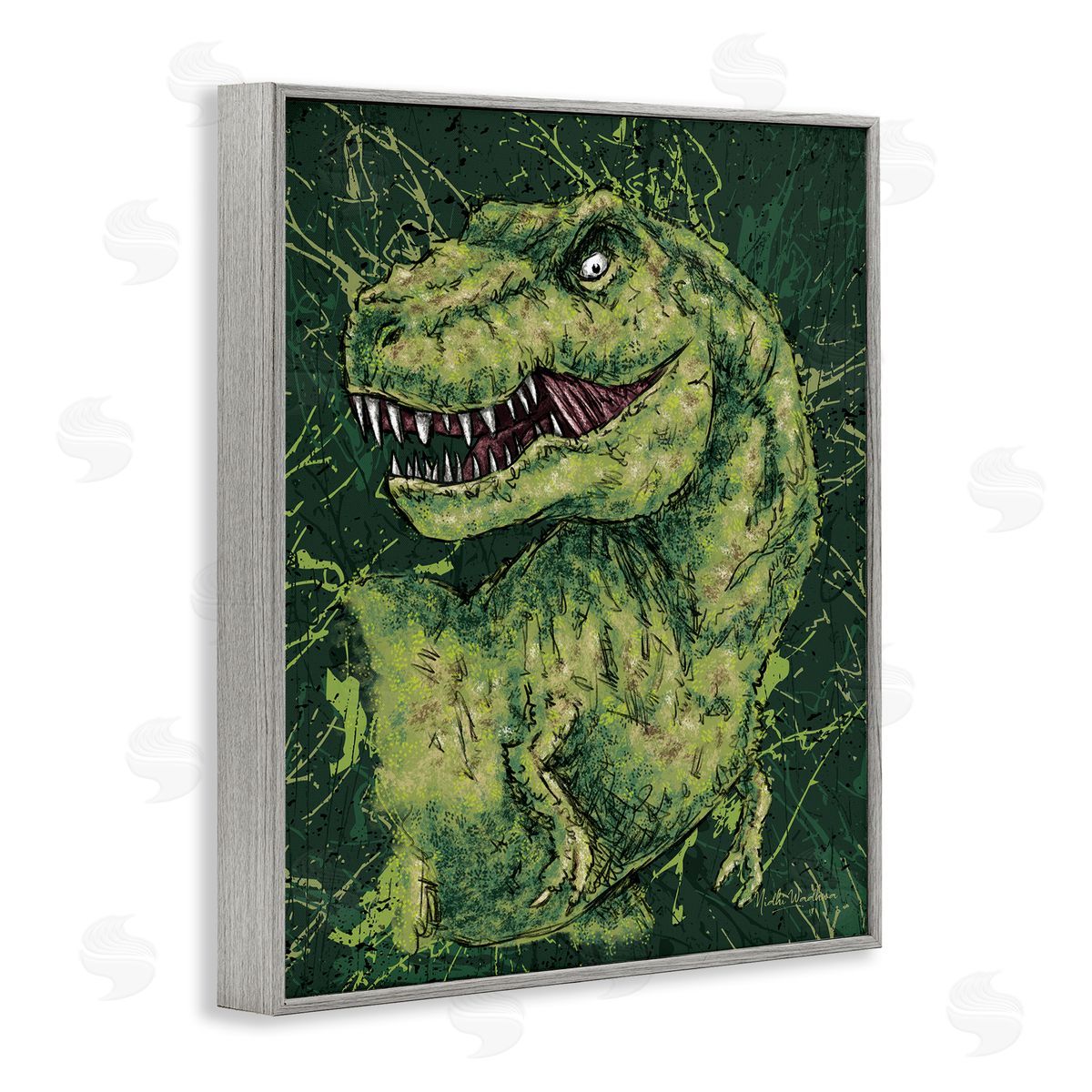 Nidhi Wadhwa Green Abstract T-Rex Gray Framed Giclee Wall Artside_