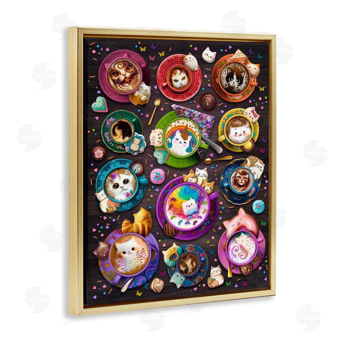 Brigid Ashwood Cat Lattes & Coffee Gold Floater Frame Canvas Artside_