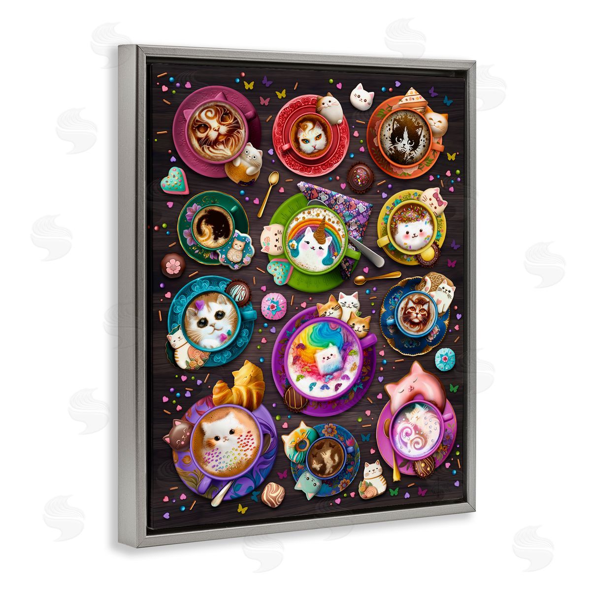 Brigid Ashwood Cat Lattes & Coffee Gray Floater Frame Canvas Artside_