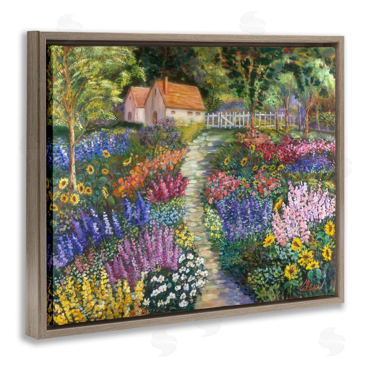 Floral Cottage Gardens Brown Floating Frame Canvas Wall Art, Home Decor by Alexi Fine