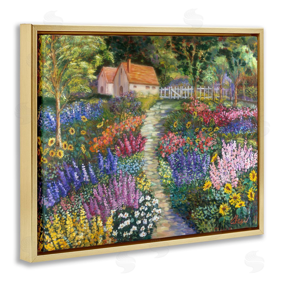 Floral Cottage Gardens Gold Floating Frame Canvas Wall Art, Home Decor by Alexi Fine