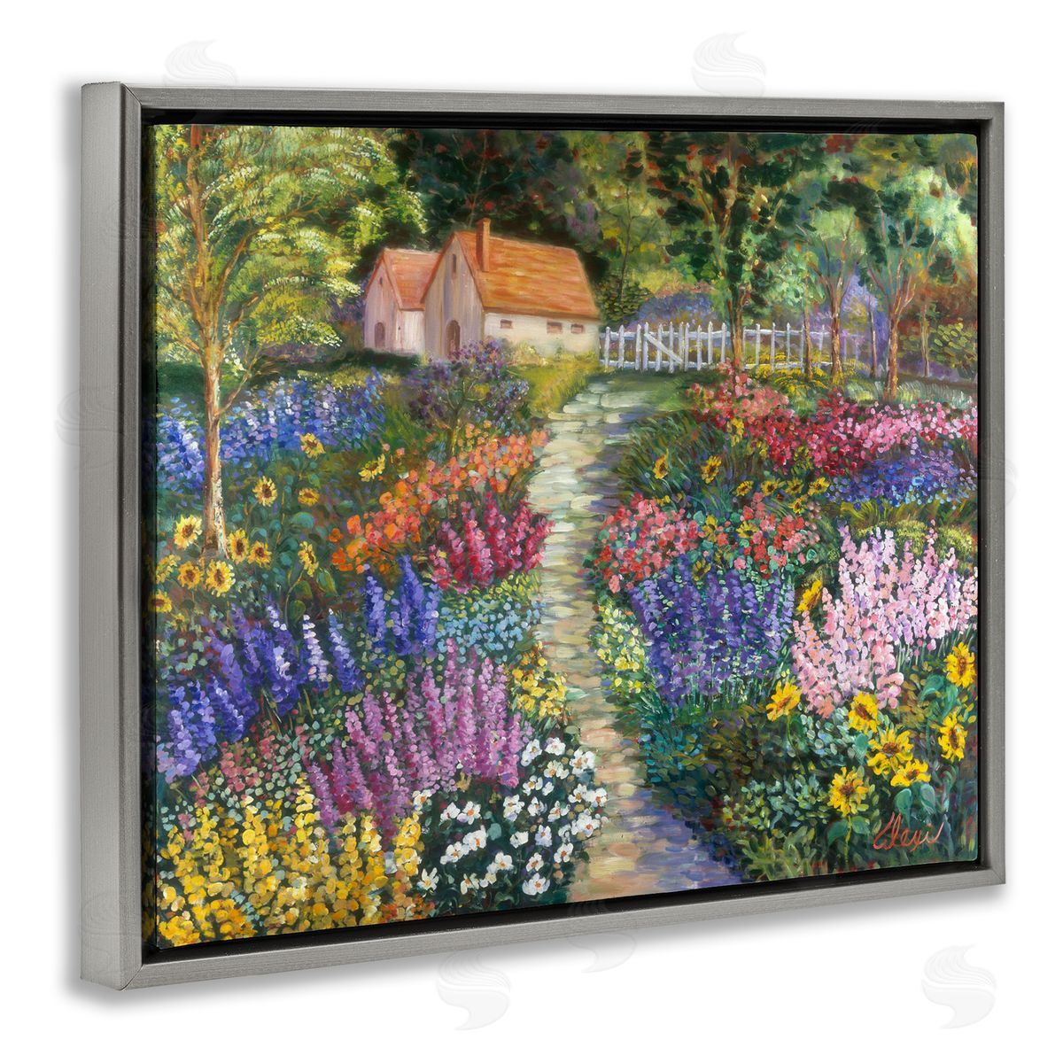 Floral Cottage Gardens Grey Floating Frame Canvas Wall Art, Home Decor by Alexi Fine