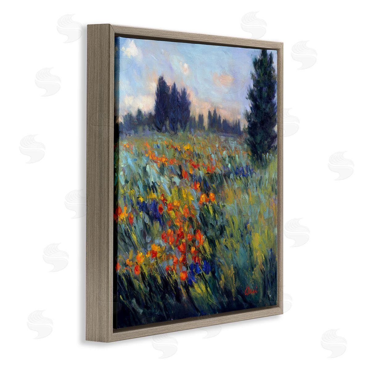 Flower Meadow Landscape Brown Floating Frame Canvas Wall Art, Home Decor by Alexi Fine