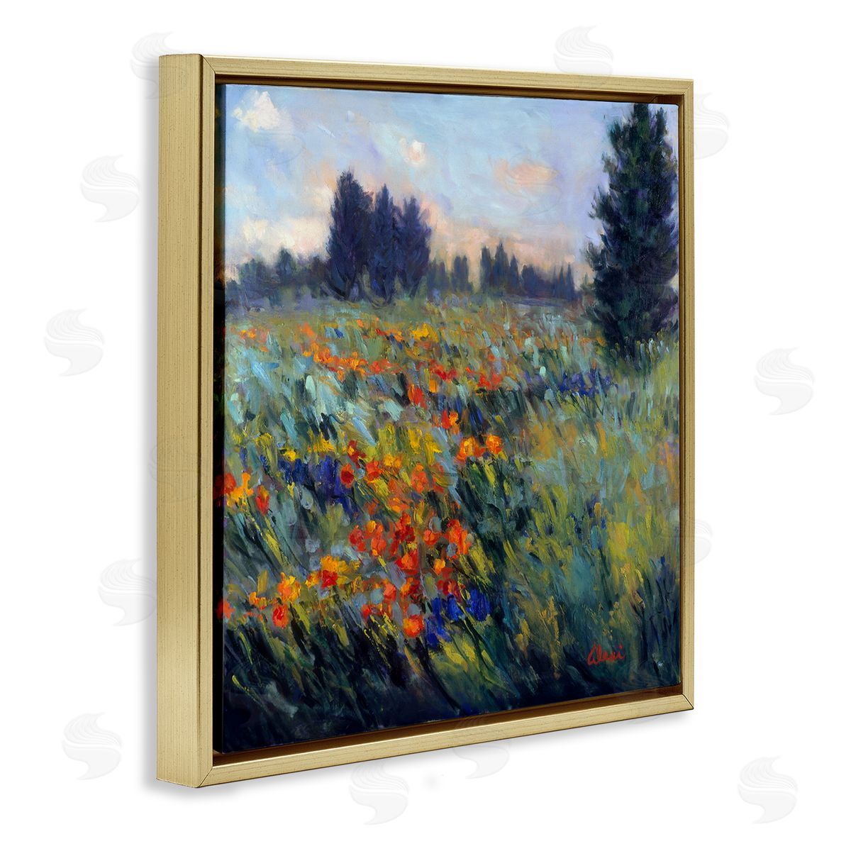 Flower Meadow Landscape Gold Floating Frame Canvas Wall Art, Home Decor by Alexi Fine