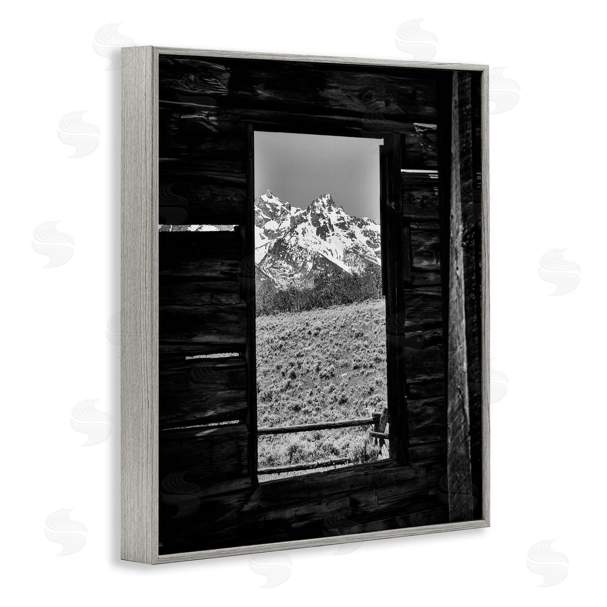 Daniel Sproul Mountain in Cabin Window Gray Framed Giclee Wall Artside_