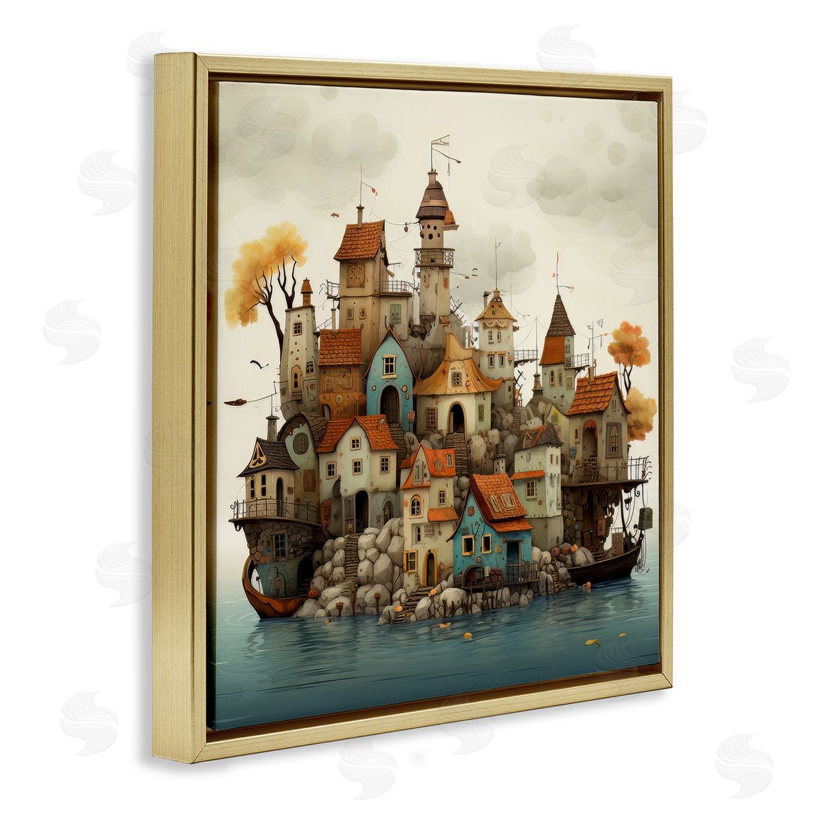 Irena Orlov Rustic Village on Water Gold Floater Frame Canvas Artside_