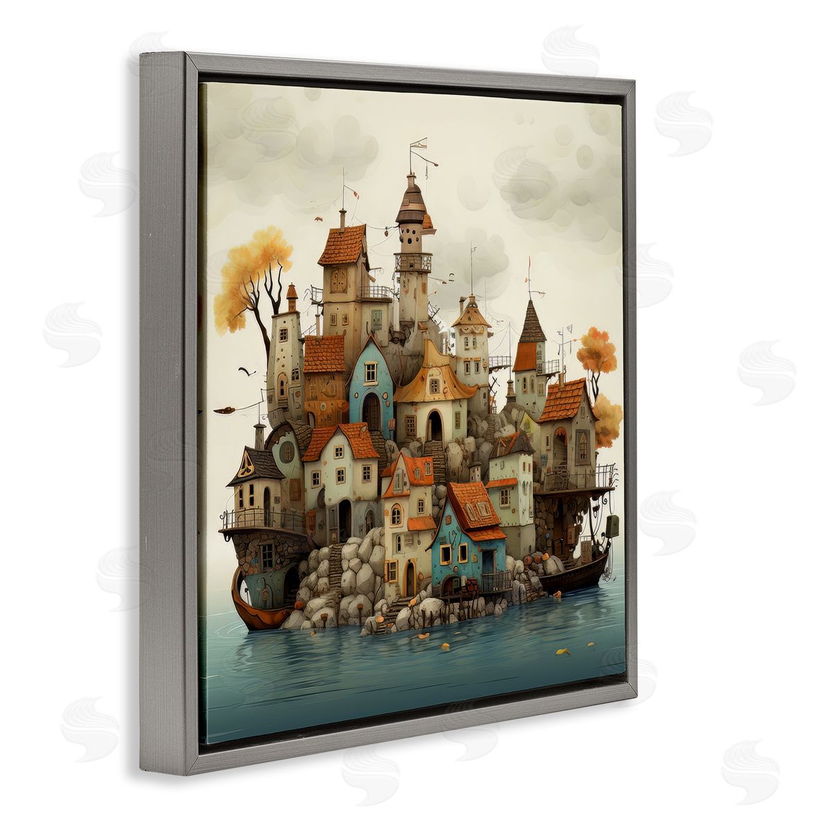 Irena Orlov Rustic Village on Water Gray Floater Frame Canvas Artside_